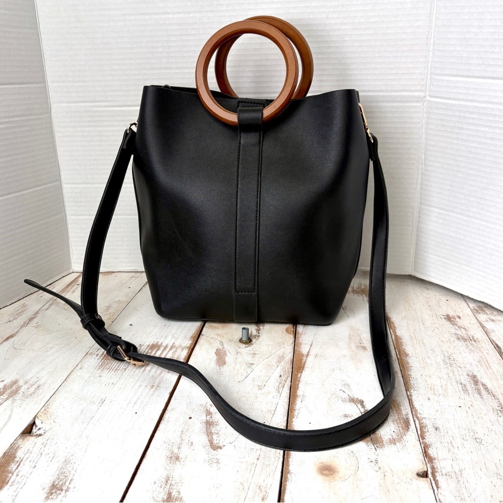 Like Dreams black soft vegan leather bucket bag wooden round handles crossbody